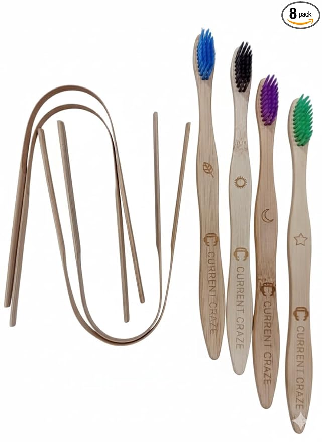 Eco-Friendly Combo of Bamboo Toothbrushes and Tongue Cleaner Natural