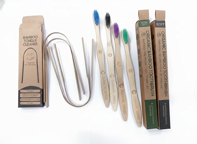 Eco-Friendly Combo of Bamboo Toothbrushes and Tongue Cleaner Natural - Image 2