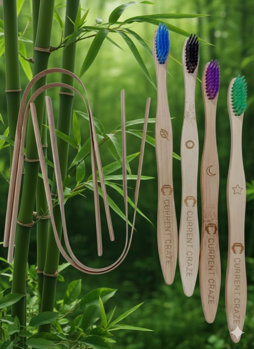 Eco-Friendly Combo of Bamboo Toothbrushes and Tongue Cleaner Natural - Image 3